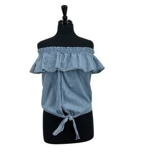 Active USA Denim Women's Chambray Tie-Front Off-The-Shoulder Top Size Large L